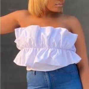 White Ruffled Strapless Crop Top